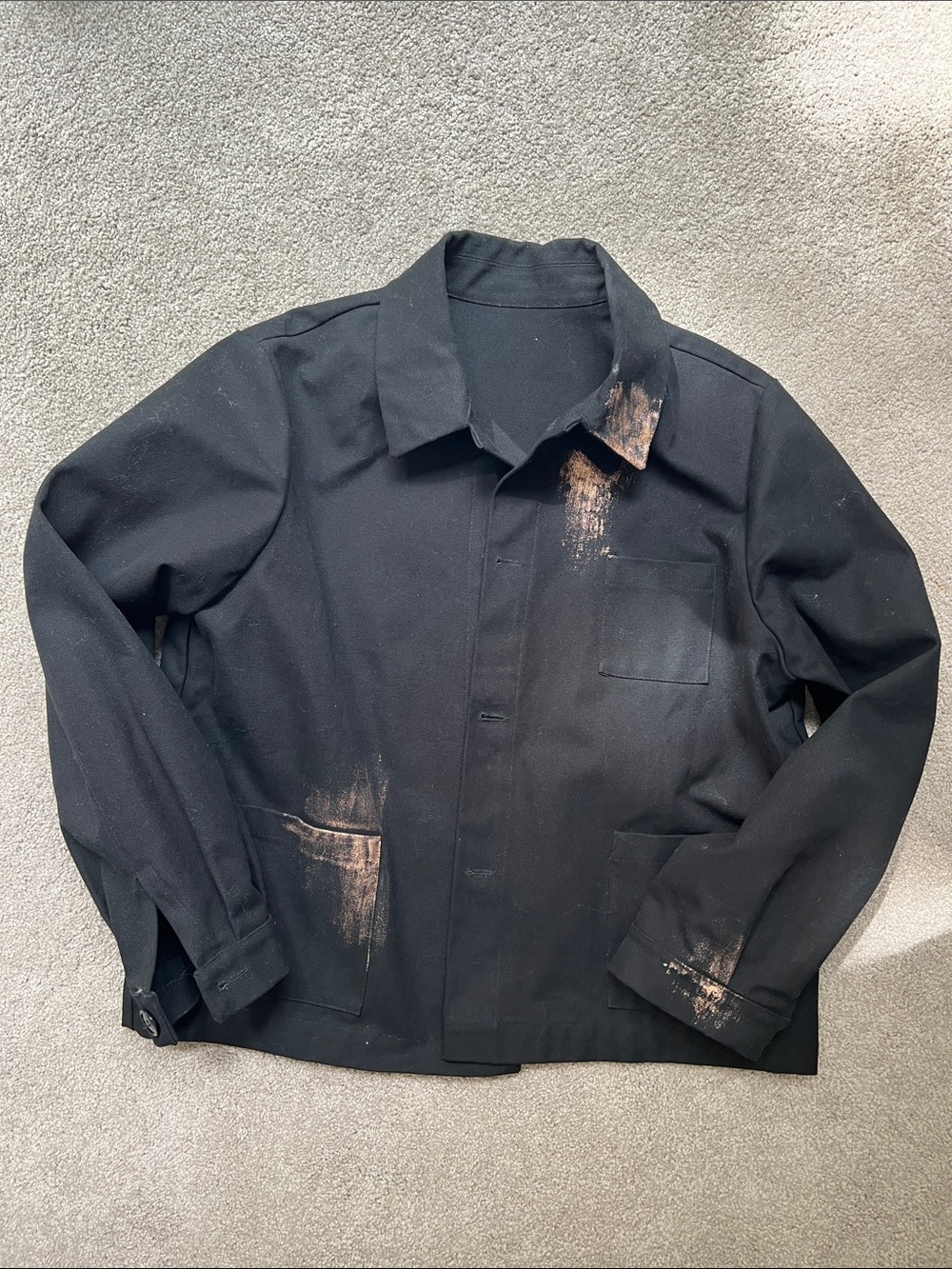 Italian Black Men's Workwear Canvas Jacket with Custom Distressed Paint Detail
